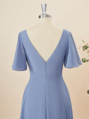 A-lijn korte mouwen chiffon v-neck geplooide vloerlengte bruidsmeisje jurk