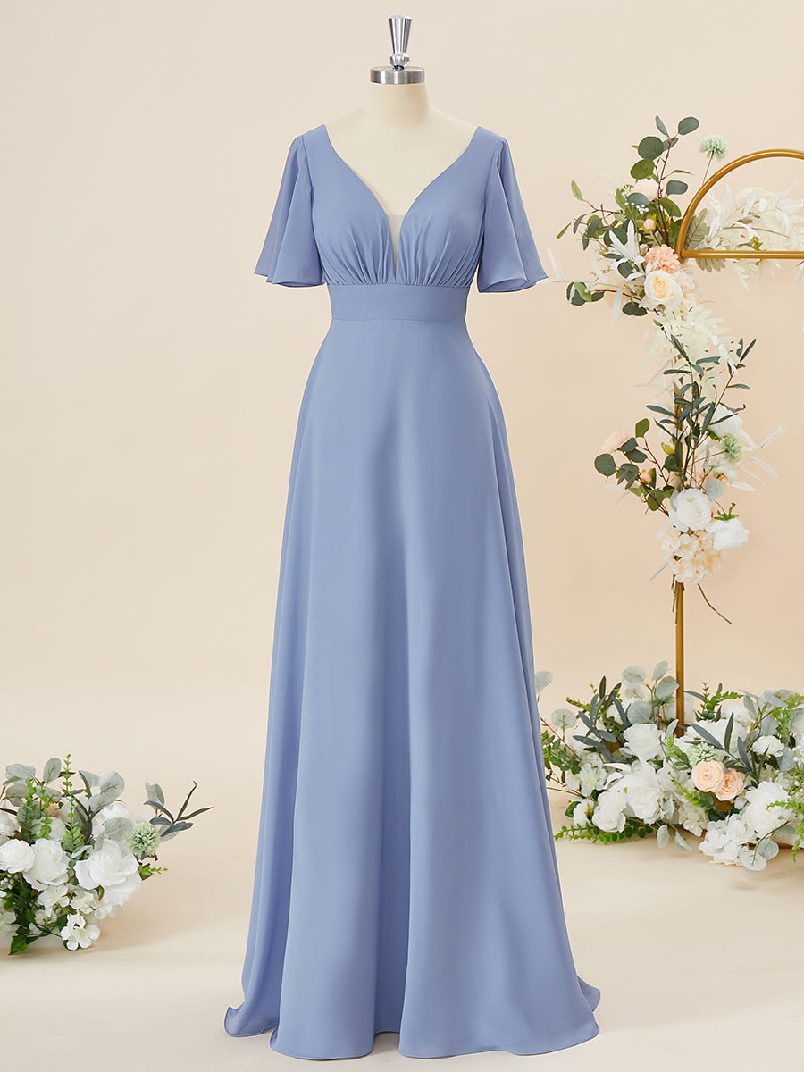 A-lijn korte mouwen chiffon v-neck geplooide vloerlengte bruidsmeisje jurk