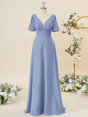 A-lijn korte mouwen chiffon v-neck geplooide vloerlengte bruidsmeisje jurk