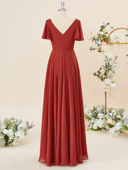 A-lijn korte mouwen chiffon v-neck geplooide vloerlengte bruidsmeisje jurk