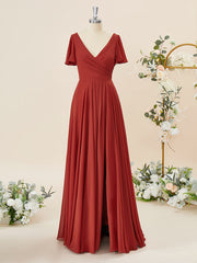 A-lijn korte mouwen chiffon v-neck geplooide vloerlengte bruidsmeisje jurk