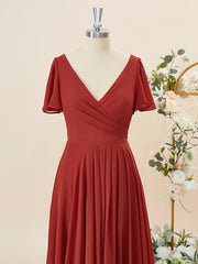 A-lijn korte mouwen chiffon v-neck geplooide vloerlengte bruidsmeisje jurk