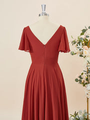 A-lijn korte mouwen chiffon v-neck geplooide vloerlengte bruidsmeisje jurk
