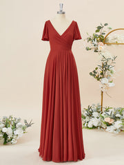 A-lijn korte mouwen chiffon v-neck geplooide vloerlengte bruidsmeisje jurk