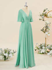 A-lijn korte mouwen chiffon v-neck geplooide vloerlengte bruidsmeisje jurk