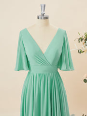 A-lijn korte mouwen chiffon v-neck geplooide vloerlengte bruidsmeisje jurk