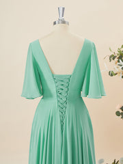 A-lijn korte mouwen chiffon v-neck geplooide vloerlengte bruidsmeisje jurk