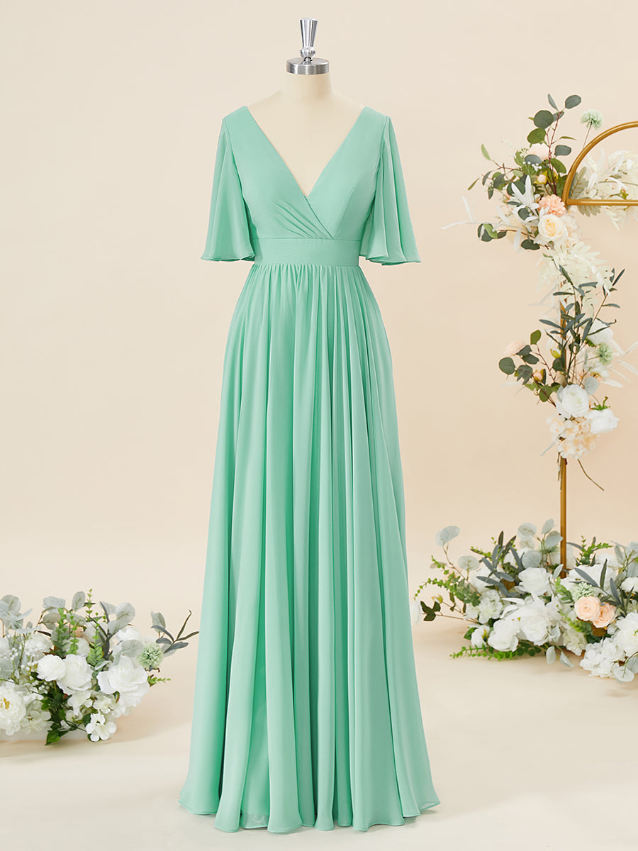 A-lijn korte mouwen chiffon v-neck geplooide vloerlengte bruidsmeisje jurk