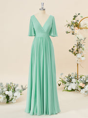 A-lijn korte mouwen chiffon v-neck geplooide vloerlengte bruidsmeisje jurk
