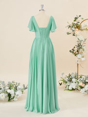 A-lijn korte mouwen chiffon v-neck geplooide vloerlengte bruidsmeisje jurk
