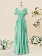 A-lijn korte mouwen chiffon v-neck geplooide vloerlengte bruidsmeisje jurk