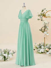 A-lijn korte mouwen chiffon v-neck geplooide vloerlengte bruidsmeisje jurk