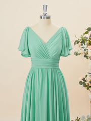 A-lijn korte mouwen chiffon v-neck geplooide vloerlengte bruidsmeisje jurk
