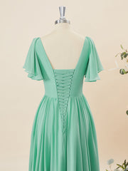 A-lijn korte mouwen chiffon v-neck geplooide vloerlengte bruidsmeisje jurk