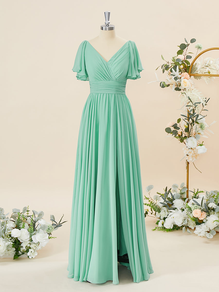A-lijn korte mouwen chiffon v-neck geplooide vloerlengte bruidsmeisje jurk