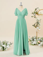 A-lijn korte mouwen chiffon v-neck geplooide vloerlengte bruidsmeisje jurk