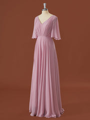 A-lijn korte mouwen chiffon v-neck geplooide vloerlengte bruidsmeisje jurk