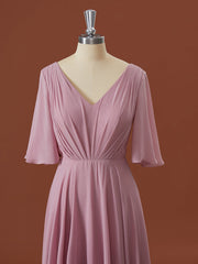 A-lijn korte mouwen chiffon v-neck geplooide vloerlengte bruidsmeisje jurk