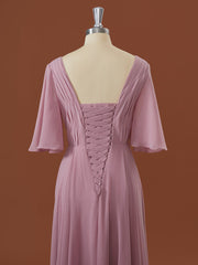 A-lijn korte mouwen chiffon v-neck geplooide vloerlengte bruidsmeisje jurk