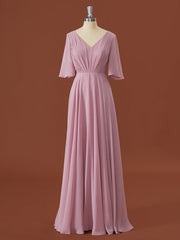 A-lijn korte mouwen chiffon v-neck geplooide vloerlengte bruidsmeisje jurk