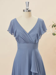 A-lijn korte mouwen chiffon v-neck ruches vloerlengte bruidsmeisje jurk