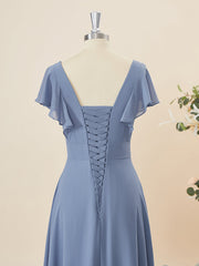 A-lijn korte mouwen chiffon v-neck ruches vloerlengte bruidsmeisje jurk