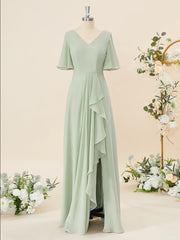 A-lijn korte mouwen chiffon v-neck ruches vloerlengte bruidsmeisje jurk