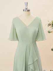 A-lijn korte mouwen chiffon v-neck ruches vloerlengte bruidsmeisje jurk