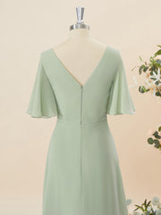 A-lijn korte mouwen chiffon v-neck ruches vloerlengte bruidsmeisje jurk