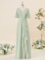 A-lijn korte mouwen chiffon v-neck ruches vloerlengte bruidsmeisje jurk