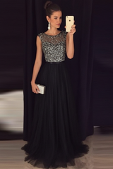 Bridelily Grey A-line Prom Dresses Beaded Long Tulle Evening Gowns