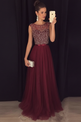 Bridelily Grey A-line Prom Dresses Beaded Long Tulle Evening Gowns