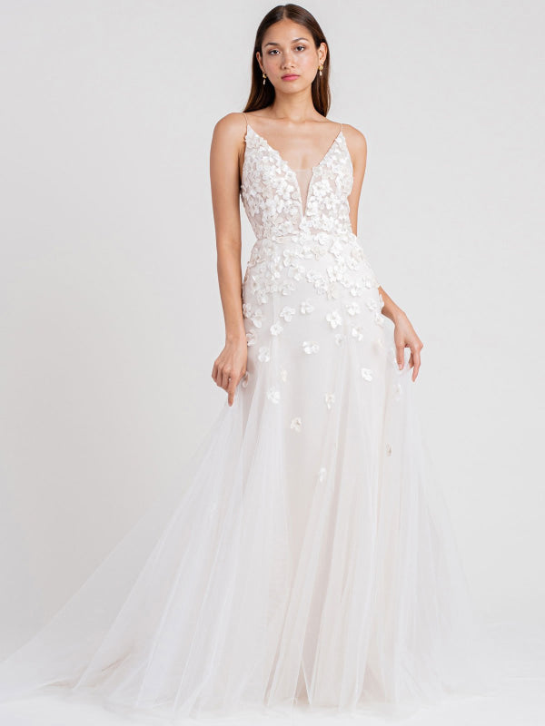A-Line Sleeveless White Wedding Dress Satin V-Neck Lace Tulle Bridal Dresses