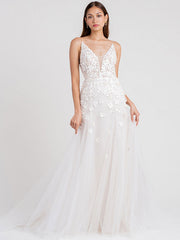 A-Line Sleeveless White Wedding Dress Satin V-Neck Lace Tulle Bridal Dresses