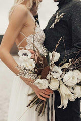 A-Line Spaghetti Straps Long Chiffon Wedding Dress with Lace