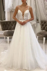 A-Line Spaghetti Straps Tulle Appliques Rustic Wedding Dress White Sexy