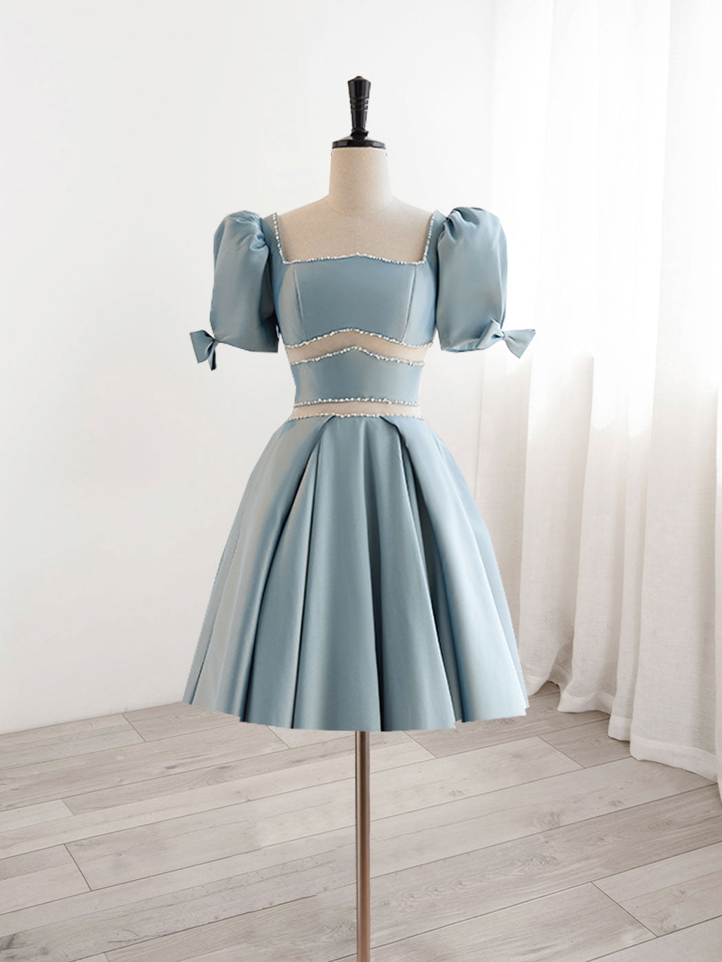Robe de bal courte bleue carrée en ligne, robe de retour bleu mignonne