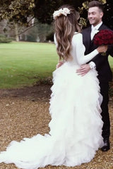 A-Line Sweep Train Tulle Long Sleeves Beach Wedding Dress