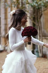 A-Line Sweep Train Tulle Long Sleeves Beach Wedding Dress