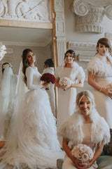 A-Line Sweep Train Tulle Long Sleeves Beach Wedding Dress