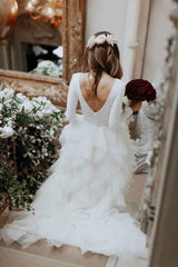 A-Line Sweep Train Tulle Long Sleeves Beach Wedding Dress