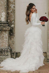 A-Line Sweep Train Tulle Long Sleeves Beach Wedding Dress