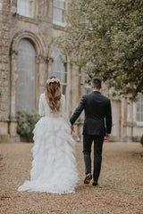 A-Line Sweep Train Tulle Long Sleeves Beach Wedding Dress
