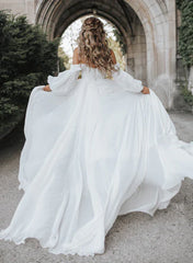 Aimishang Elegant A-Line Sweetheart Long Sleeves Chiffon Sweep Train Wedding Dress