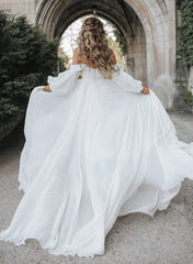 A-Line Sweetheart Long Sleeves Chiffon Sweep Train Wedding Dress Off Shoulder With Slit Elegant