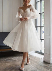 A-Line Sweetheart Long Sleeves Elegant Tulle Wedding Dresses With Appliques Lace Beautiful