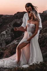 Romantic A-Line Sweetheart Ivory Tulle Beach Wedding Dresses with Slit
