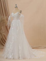 A-line Tulle Cold Shoulder Appliques Lace Chapel Train Wedding Dress