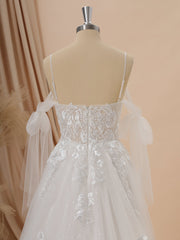 A-line Tulle Cold Shoulder Appliques Lace Chapel Train Wedding Dress