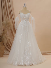 A-line Tulle Cold Shoulder Appliques Lace Chapel Train Wedding Dress